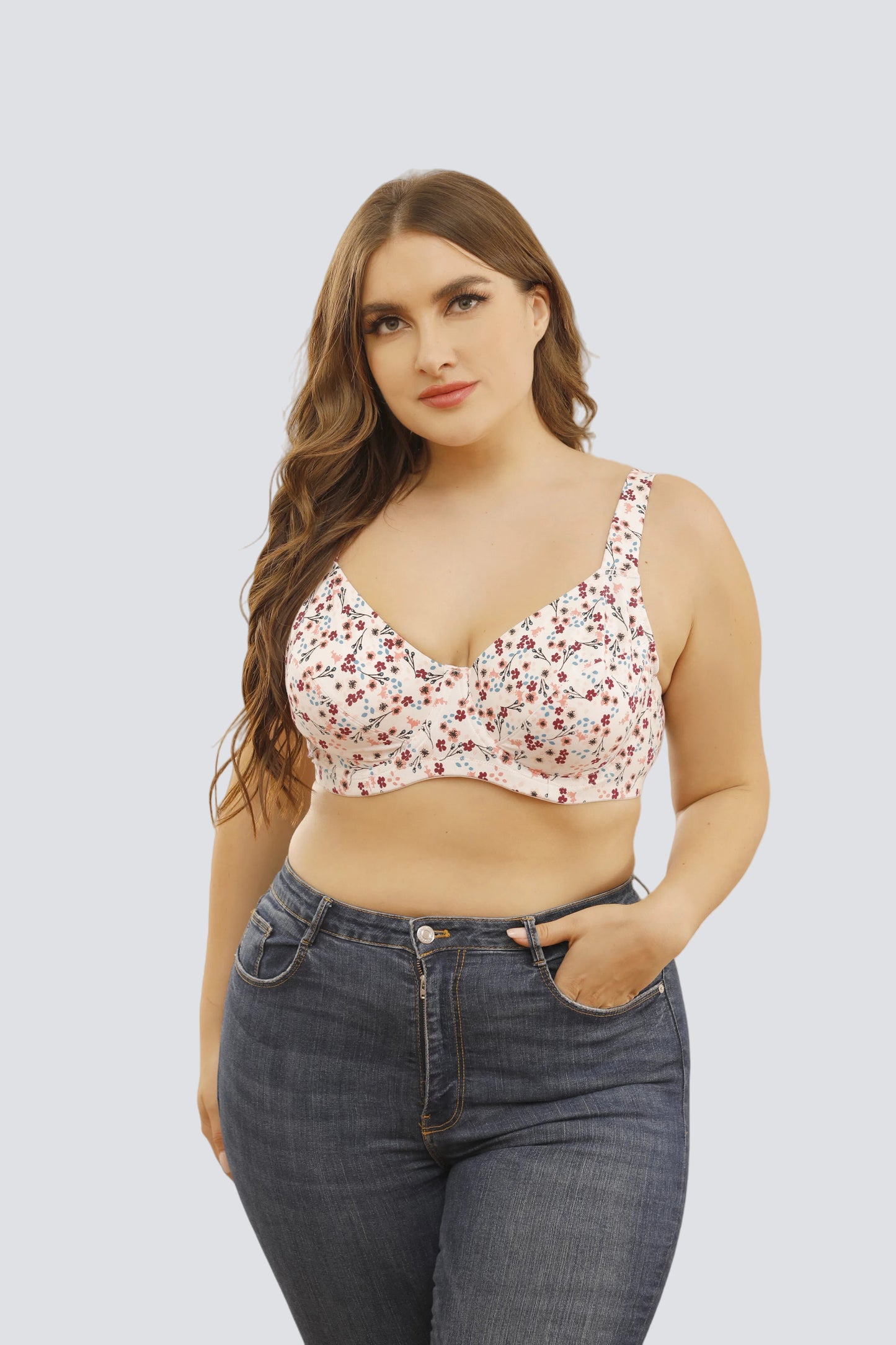 Plus Size Floral Underwire Full-Coverage Bra with Breathable Cotton