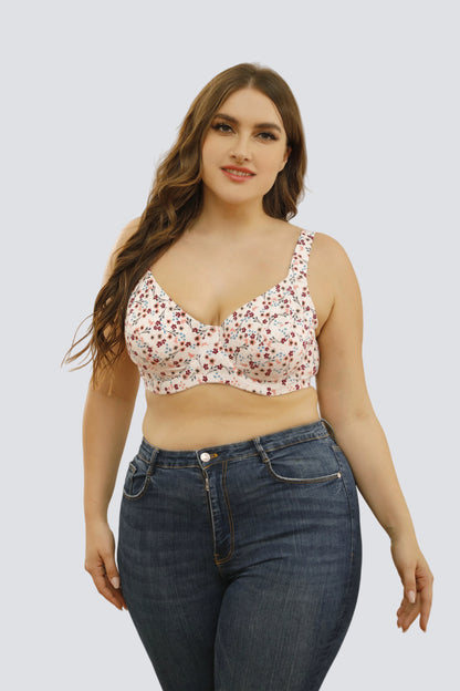 Plus Size Floral Underwire Full-Coverage Bra with Breathable Cotton