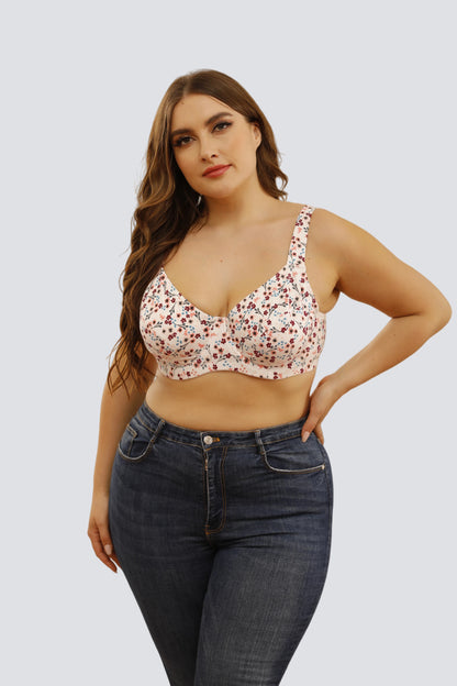 Plus Size Floral Underwire Full-Coverage Bra with Breathable Cotton