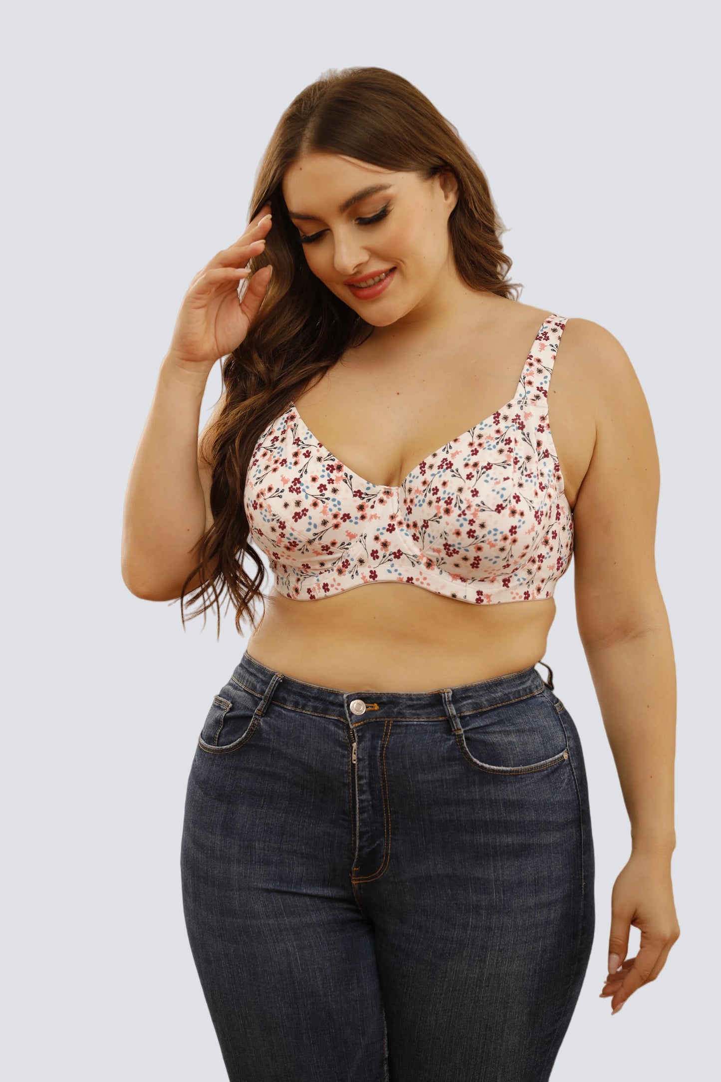 Plus Size Floral Underwire Full-Coverage Bra with Breathable Cotton