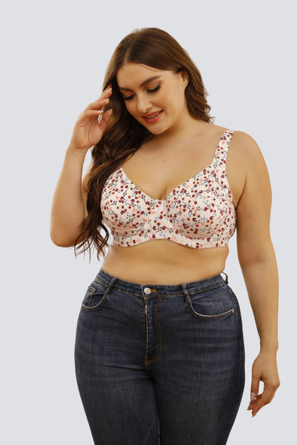 Plus Size Floral Underwire Full-Coverage Bra with Breathable Cotton