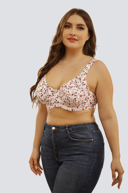 Plus Size Floral Underwire Full-Coverage Bra with Breathable Cotton