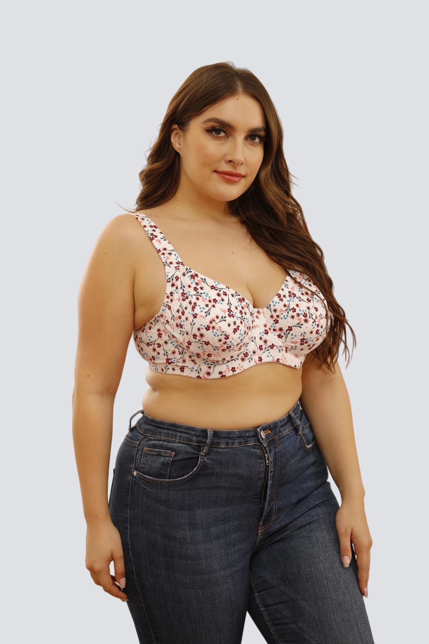 Plus Size Floral Underwire Full-Coverage Bra with Breathable Cotton