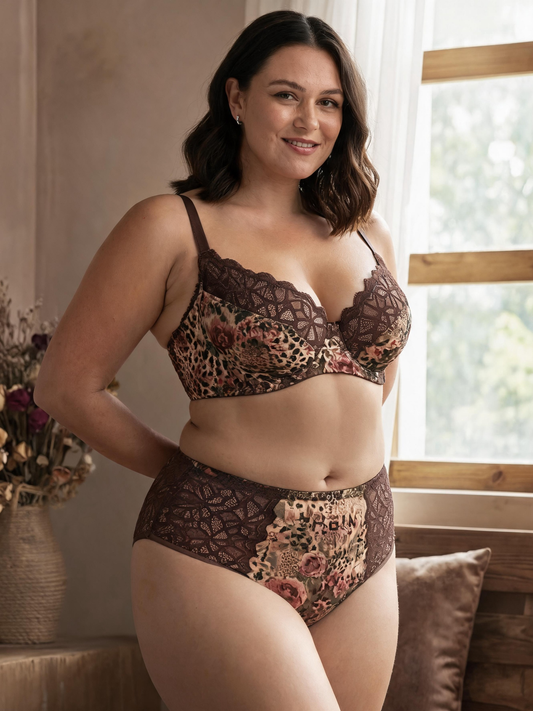 Vintage Floral Leopard Lace Plus Size Bra Set