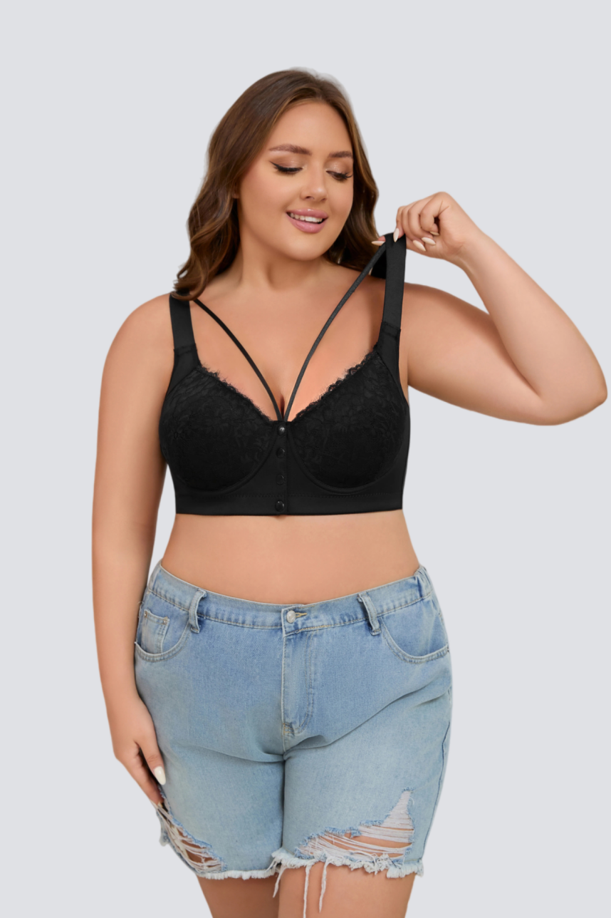 Plus Size Lace Front-Closure Underwire Bra with Soft Shaping Support