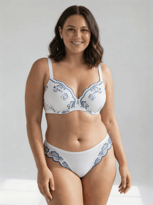 Plus Size Lace Printed Bra, Underwire Support & Minimizer Effect for Women