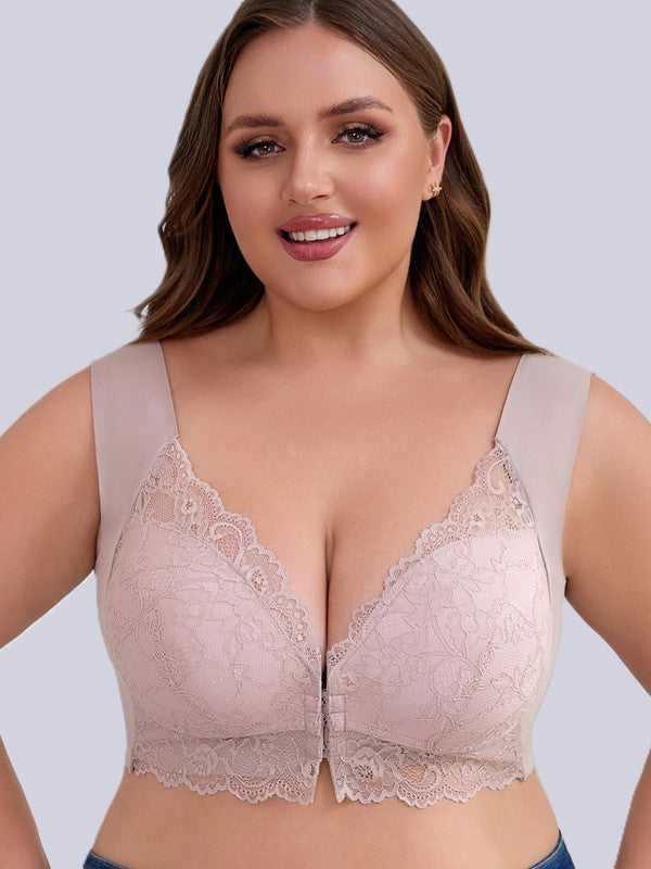 fixed cup plus size bra with front closure, thin and lightweight for hot weather wear.