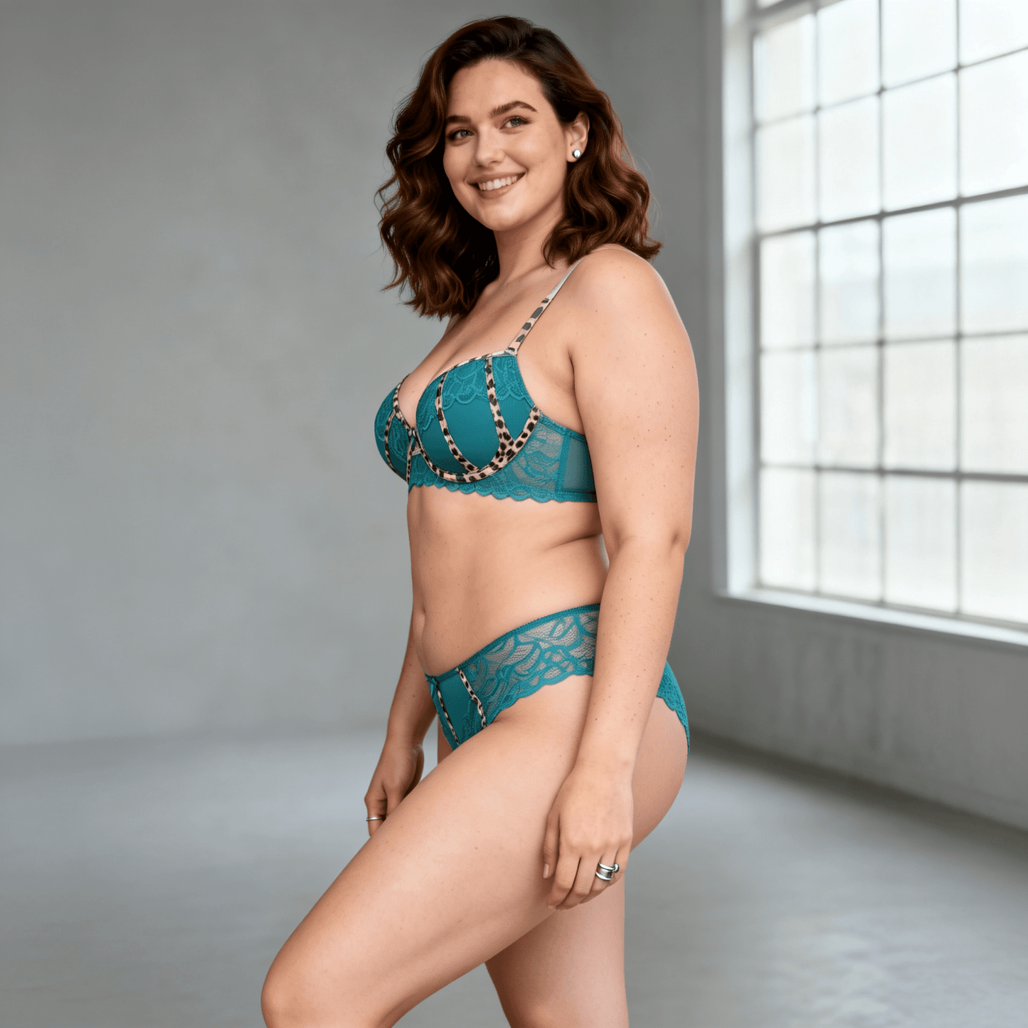 Plus Size Lace Leopard Print Elegant Push Up Bra Set for Women