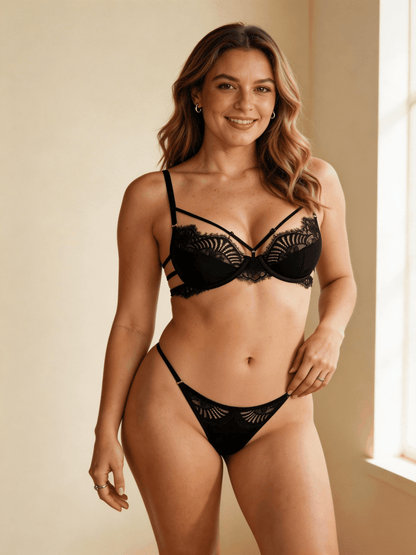 Elegant Style Eyelash Lace Floral Breathable Push Up Bra Set for Women