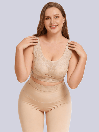 Vintage Embossed Wireless Push Up Shaping Bra with Cross Side Buckle