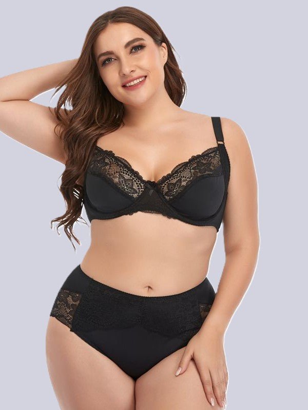 Plus Size Underwired Lace Bra Set for Women – Thin Molded Cup Intimate
