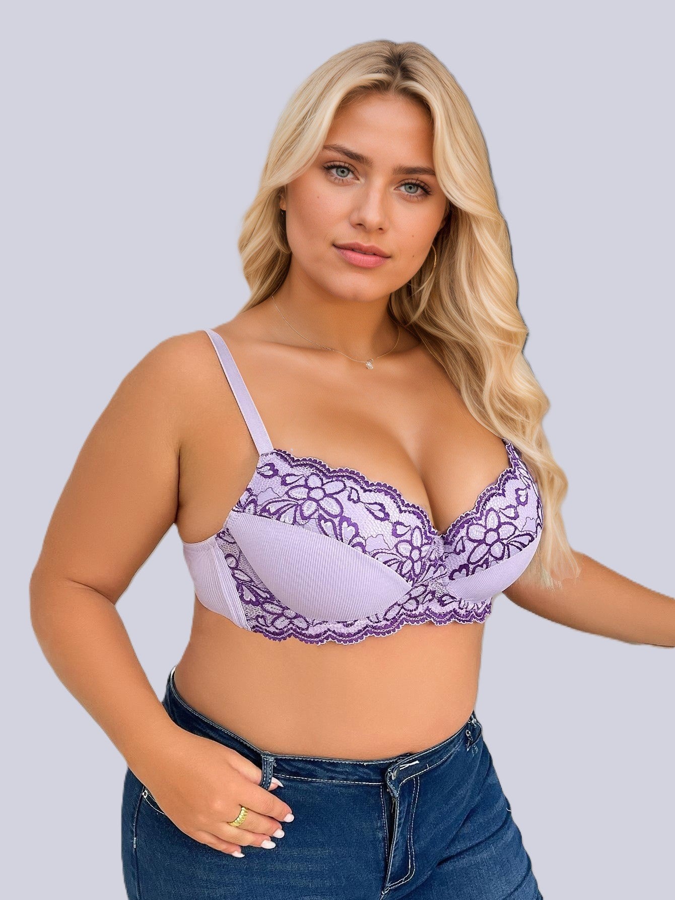 flattering plus size purple lingerie: underwired structure lifts and gathers, thin breathable cups, eye-catching beautiful back, comfy and sexy for daily wear.