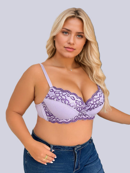 flattering plus size purple lingerie: underwired structure lifts and gathers, thin breathable cups, eye-catching beautiful back, comfy and sexy for daily wear.