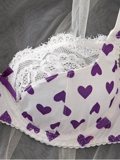 XS-2XL Elegant French Style Heart Print Lace bra Set