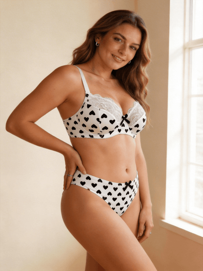 XS-2XL Elegant French Style Heart Print Lace bra Set