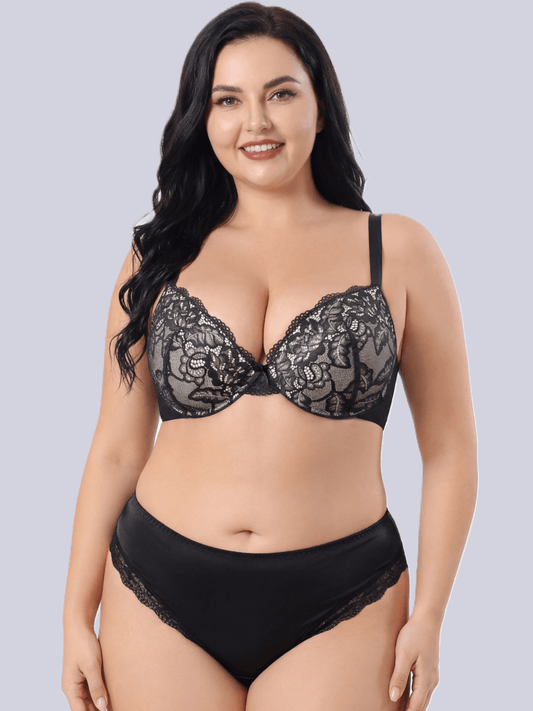 D-G CUP Elegant Black Lace Plus Size Bra for Curvy Women