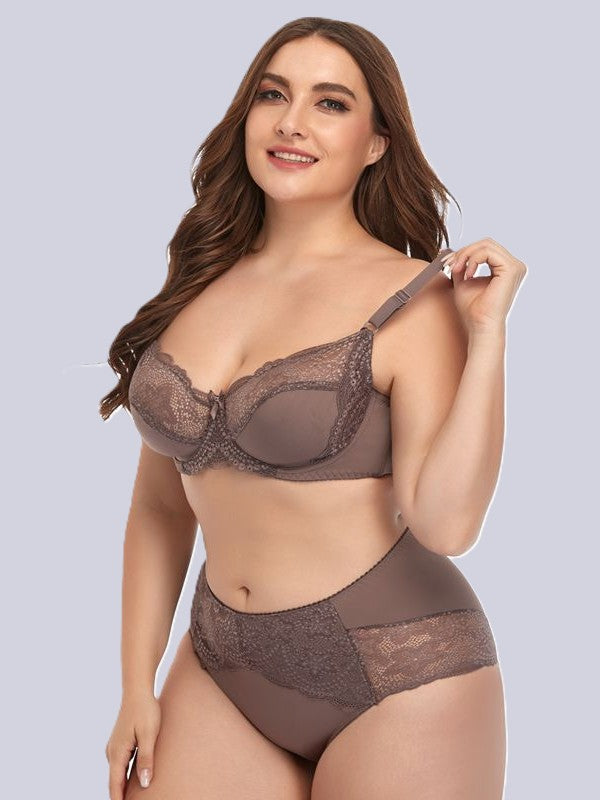 Plus Size Underwired Lace Bra Set for Women – Thin Molded Cup Intimate