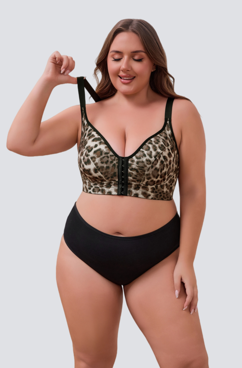 Plus Size Front Hook Leopard Bra with Gentle Lift Support