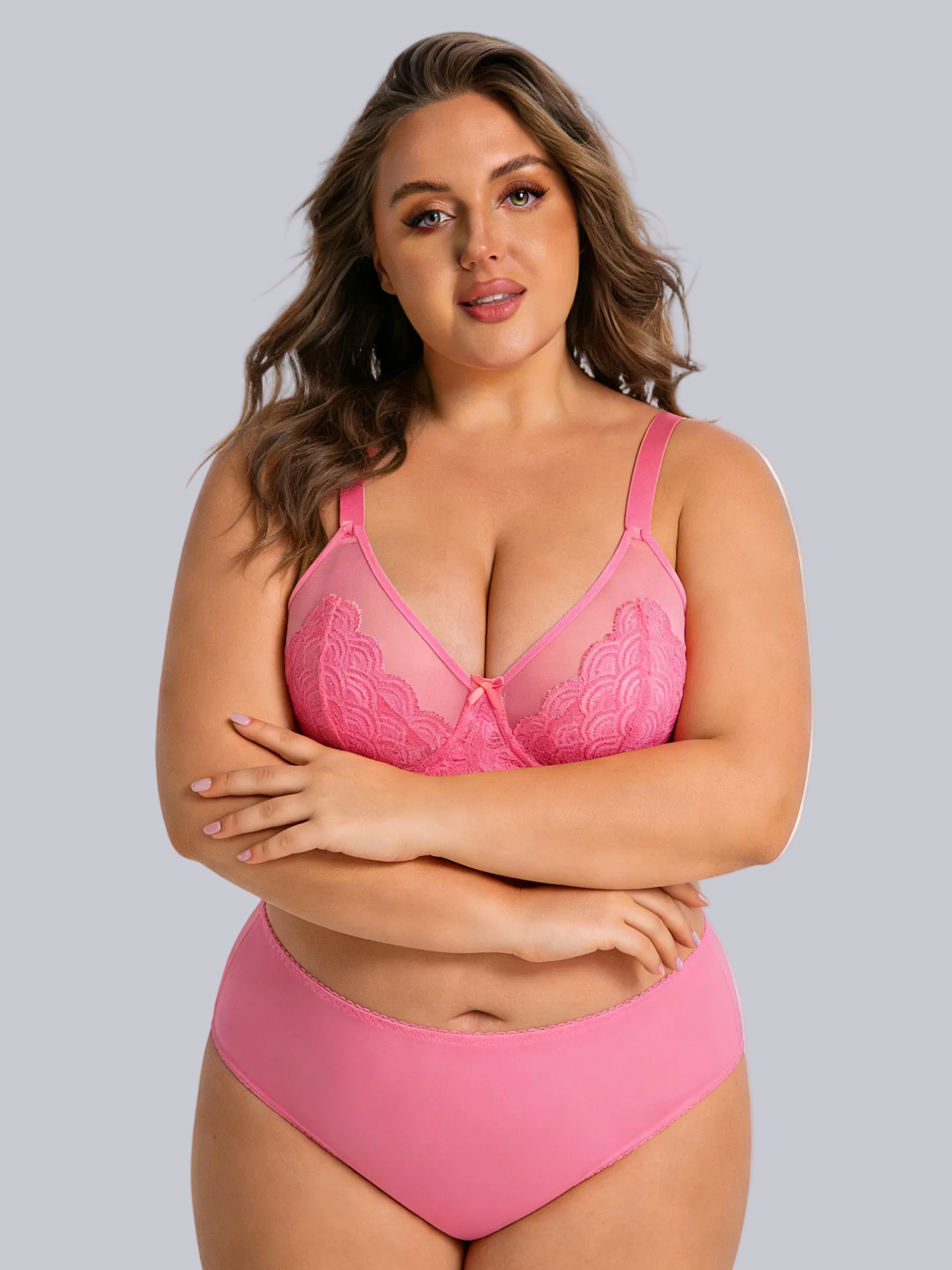 Plus Size Elegant Lace Ultra-Thin Mesh Bras in Pink – Luxurious Layers, Curvy Comfort
