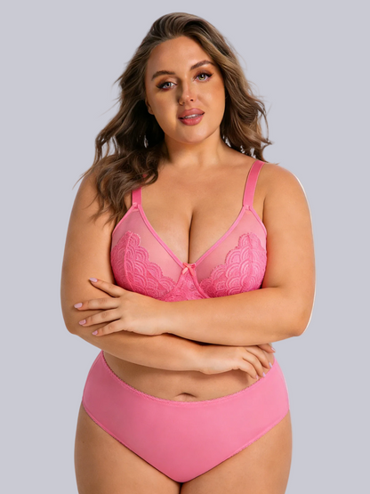 Plus Size Elegant Lace Ultra-Thin Mesh Bras in Pink – Luxurious Layers, Curvy Comfort