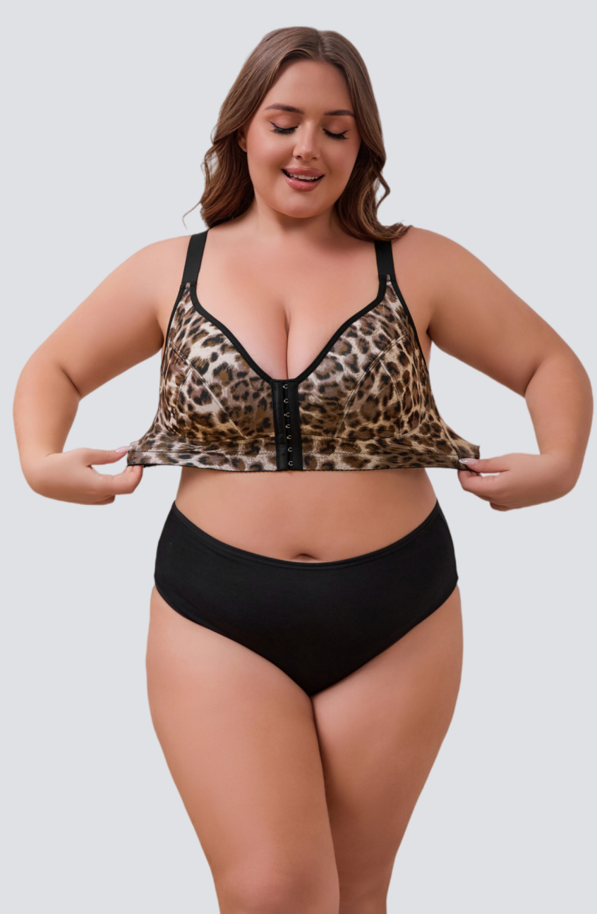 Plus Size Front-Closure Leopard Bra for Comfortable Shaping