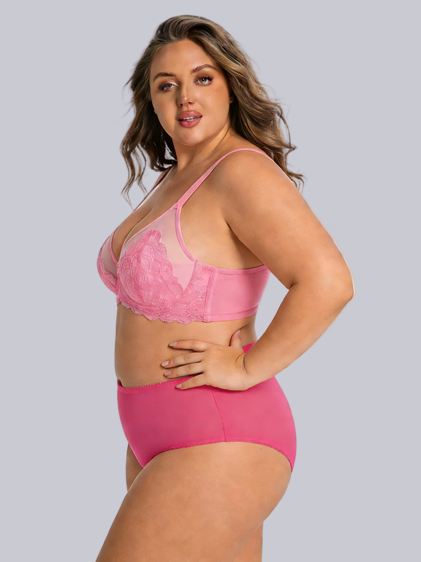 Plus Size Lace Ultra-Thin Mesh Bra in Pink – Soft Curves, Delicate Beauty