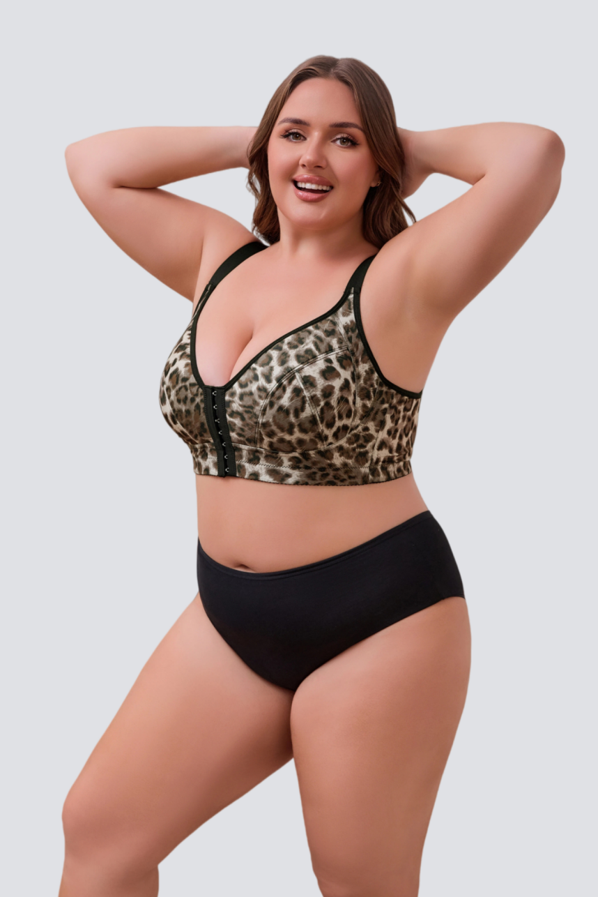 Plus Size Wireless Front-Closure Bra with Leopard Print Style
