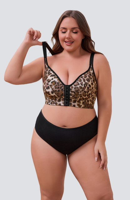 Plus Size Wireless Leopard Bra with Front Closure and Side Smoothing