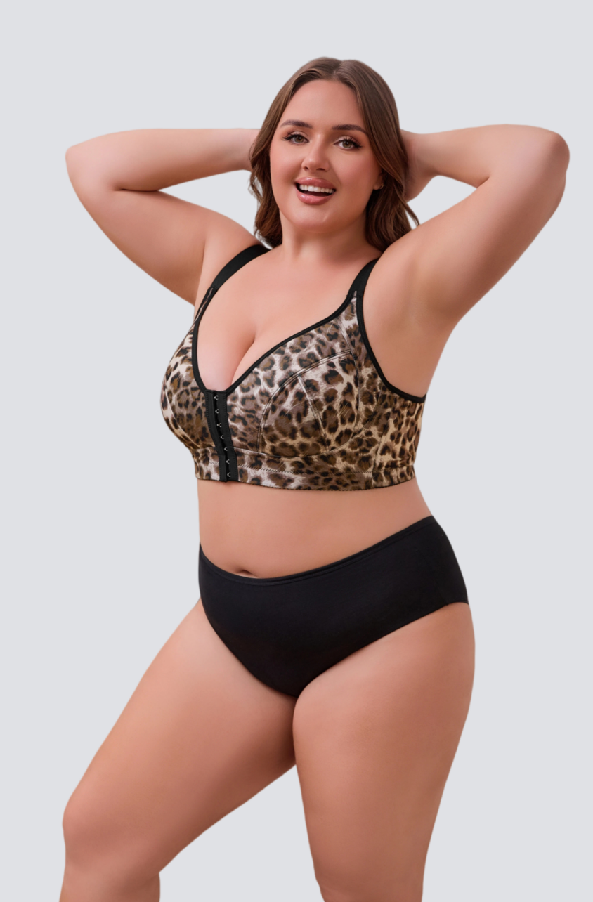 Plus Size Leopard Print Wireless Bra with Side Support Fit
