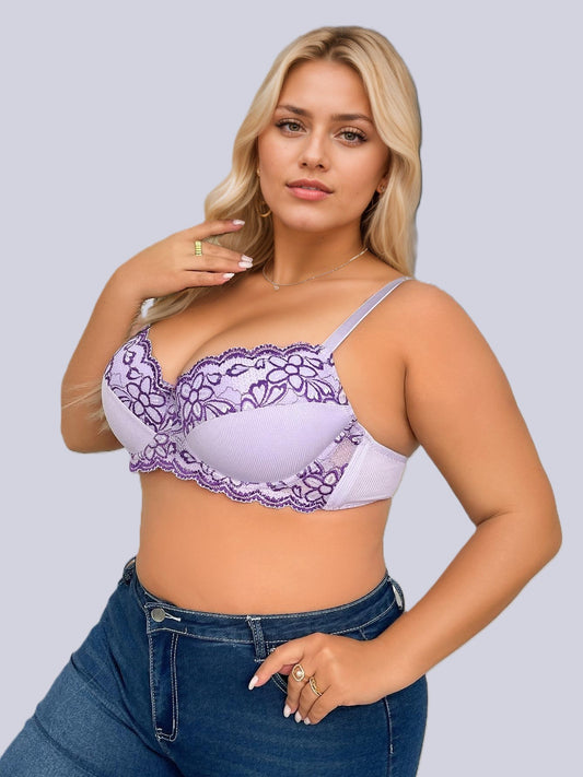 plus size purple bra with underwire, comfy thin material, sexy beautiful back and strong push-up, your must-have daily lingerie.