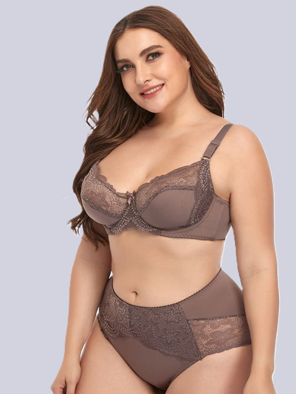 Plus Size Underwired Lace Bra Set for Women – Thin Molded Cup Intimate