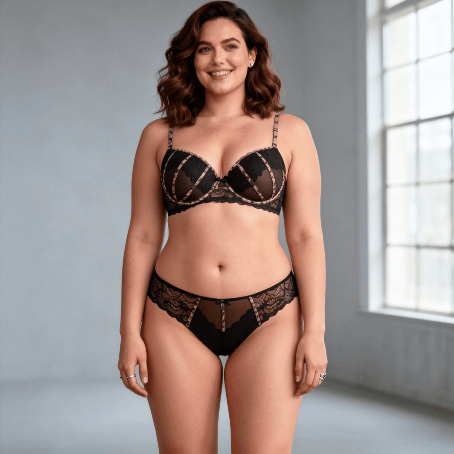 Plus Size Lace Leopard Print Elegant Push Up Bra Set for Women