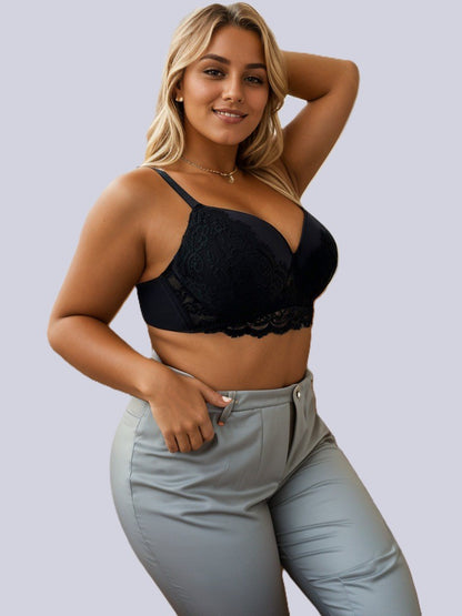 black lace plus size bra with sexy beauty back design, underwire support and push up effect, perfect for curvy women.