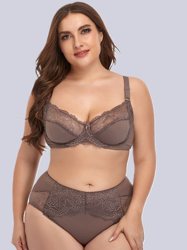 Plus Size Underwired Lace Bra Set for Women – Thin Molded Cup Intimate
