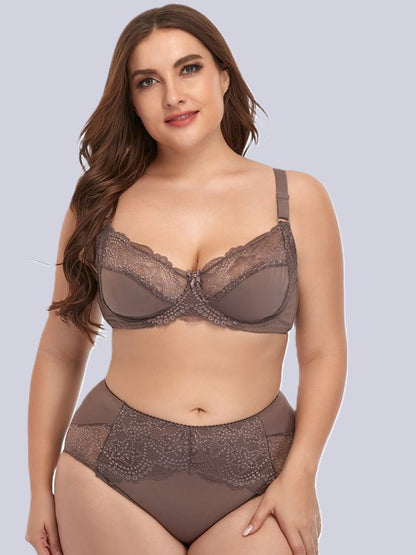 Plus Size Underwired Lace Bra Set for Women – Thin Molded Cup Intimate