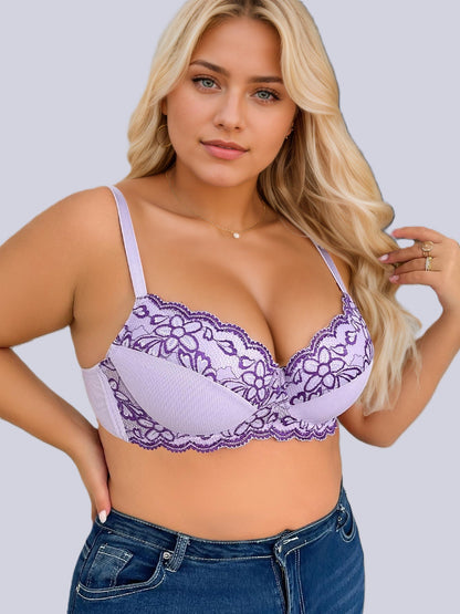 chic plus size underwired bra in vibrant purple, thin soft material, push-up effect and elegant back detail, ideal for curvy ladies who pursue comfort and charm.