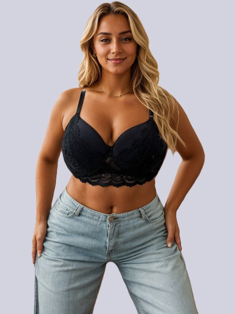 sexy black lace bra designed for full figure women, thin lightweight, beauty back cut, underwire for stable support.
