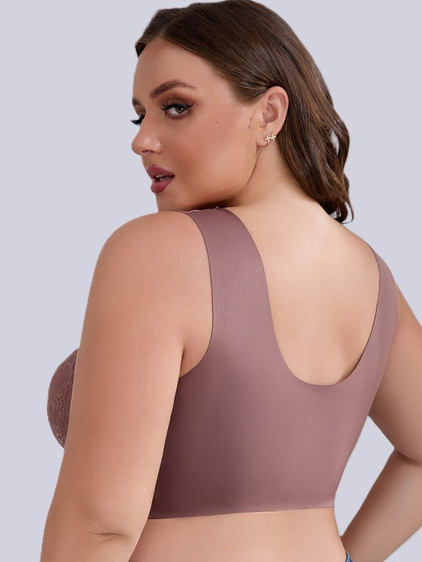 thin padded plus size bra, easy front closure, seamless fit for daily casual wear.