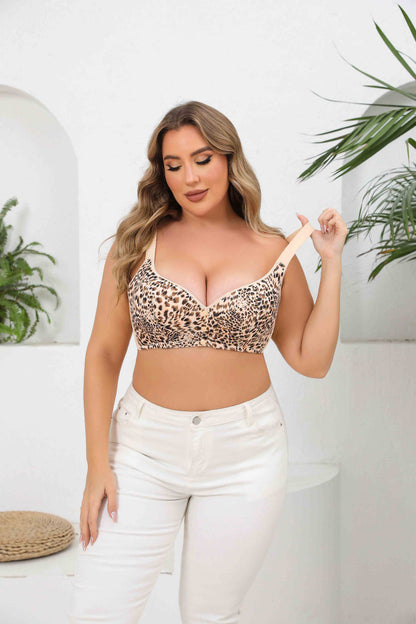 supportive leopard print bra with front closure and seamless comfort
