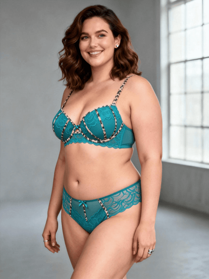 Plus Size Lace Leopard Print Elegant Push Up Bra Set for Women